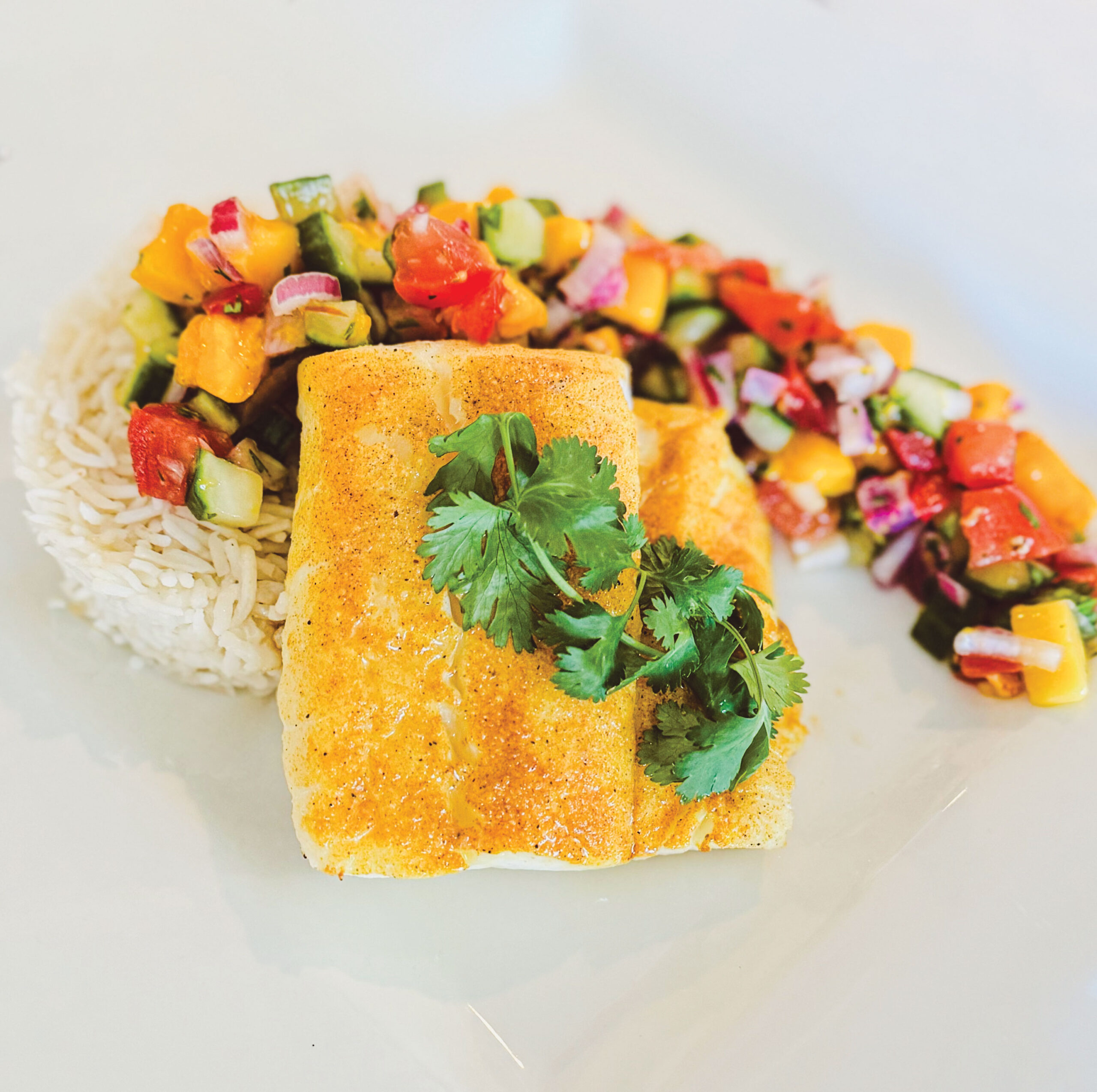 Fresh Cod with Mango Salsa over Coconut Rice